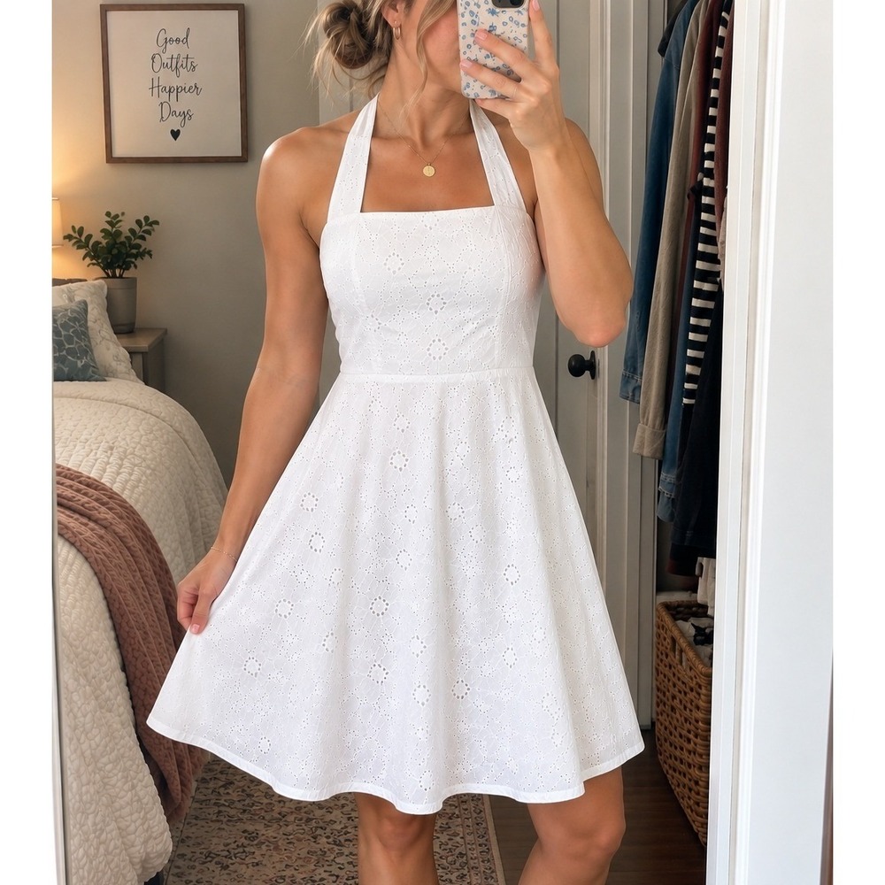Lilly Pulitzer‎ White Label Eyelet Halter Dress Size 2 White Cotton Vintage
